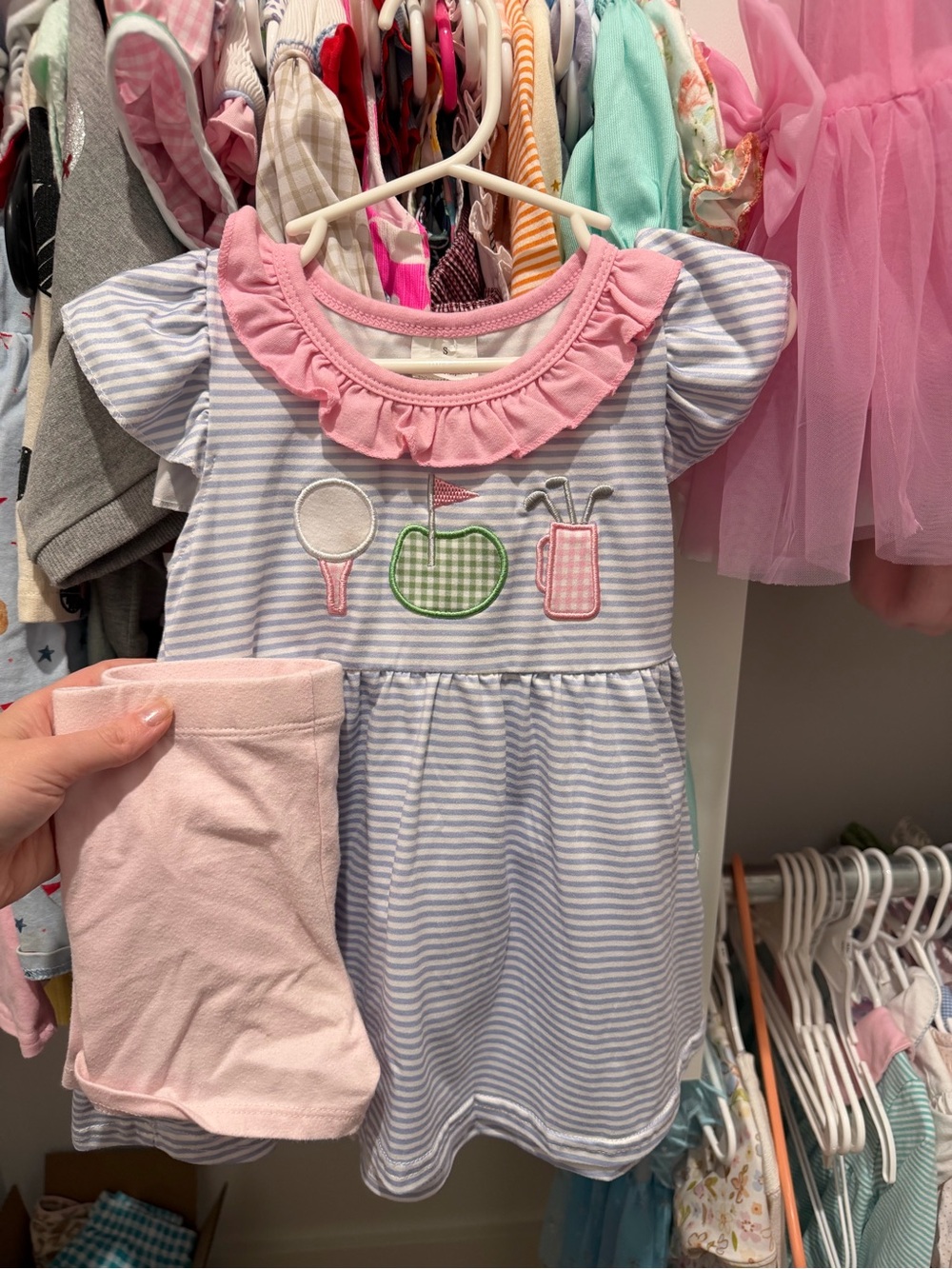 Toddler Golfing theme Blue & Pink Striped Ruffle Collar Set